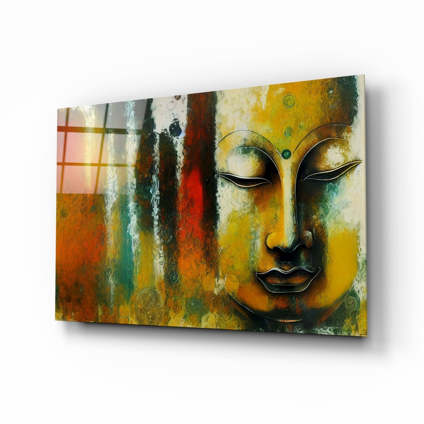 Buddha Face Teal and Rust Abstract Glass Wall Art