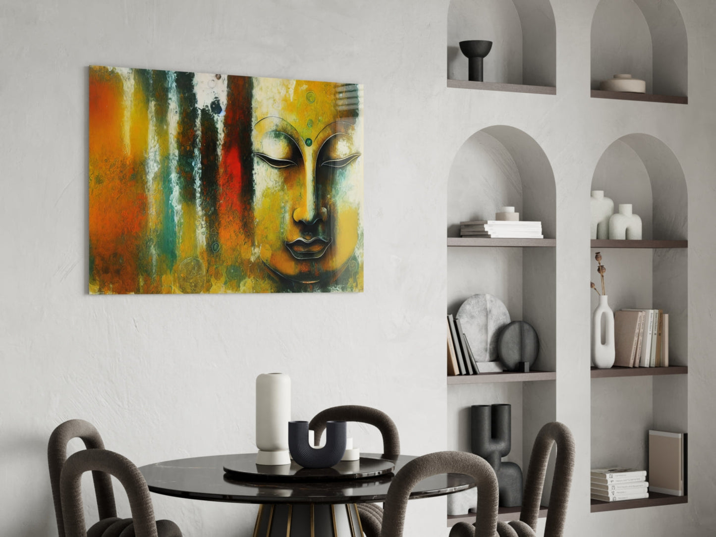 Buddha Face Teal and Rust Abstract Glass Wall Art