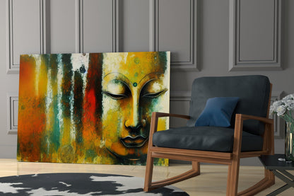 Buddha Face Teal and Rust Abstract Glass Wall Art