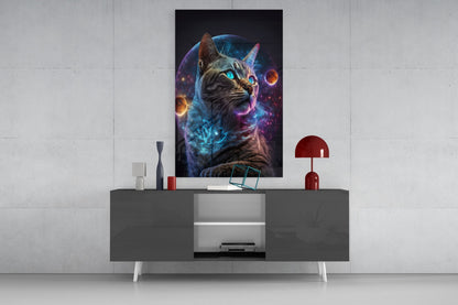 Tabby Cat With Cosmic Planet Orb Glass Wall Art