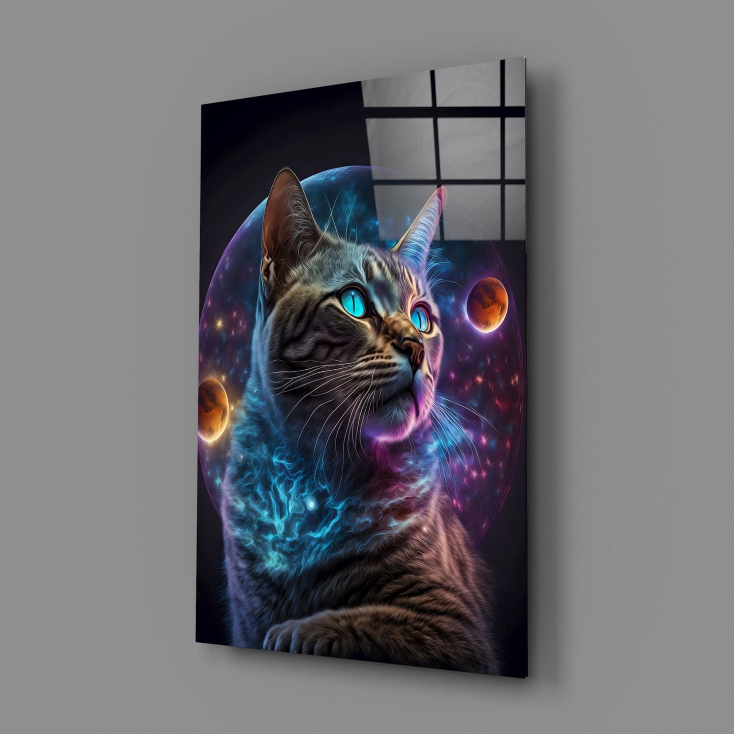Tabby Cat With Cosmic Planet Orb Glass Wall Art