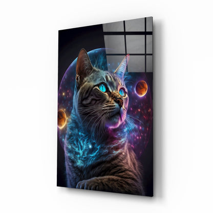 Tabby Cat With Cosmic Planet Orb Glass Wall Art