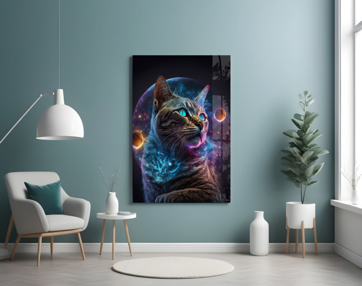 Tabby Cat With Cosmic Planet Orb Glass Wall Art