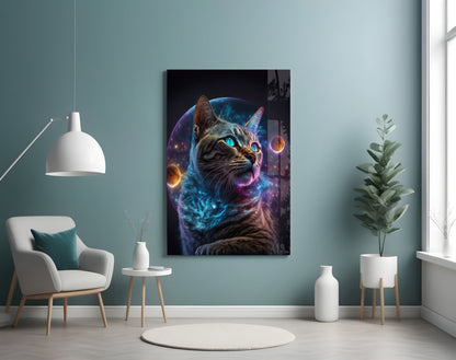 Tabby Cat With Cosmic Planet Orb Glass Wall Art