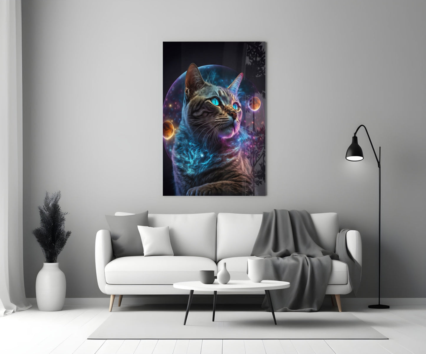 Tabby Cat With Cosmic Planet Orb Glass Wall Art