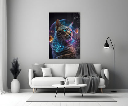 Tabby Cat With Cosmic Planet Orb Glass Wall Art