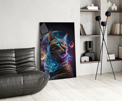 Tabby Cat With Cosmic Planet Orb Glass Wall Art