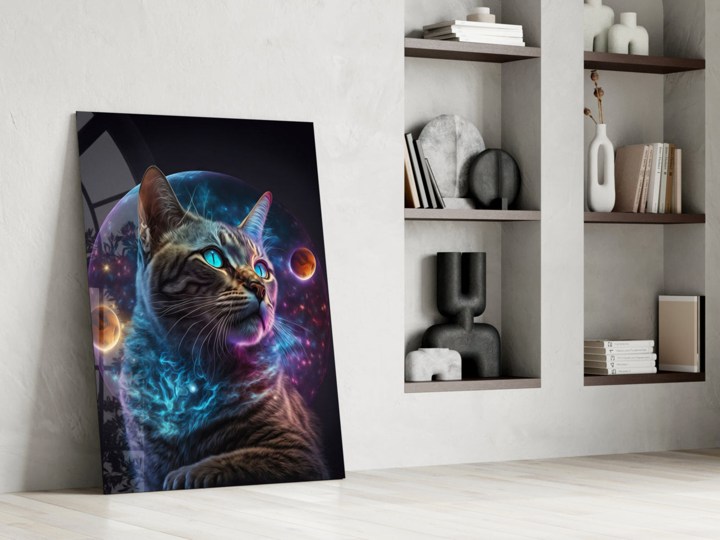 Tabby Cat With Cosmic Planet Orb Glass Wall Art