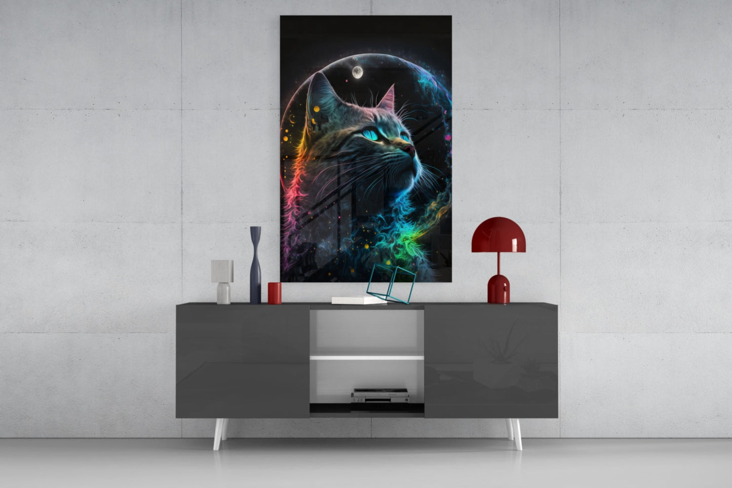 Rainbow Neon Fur Cat Moon Portrait Glass Wall Art