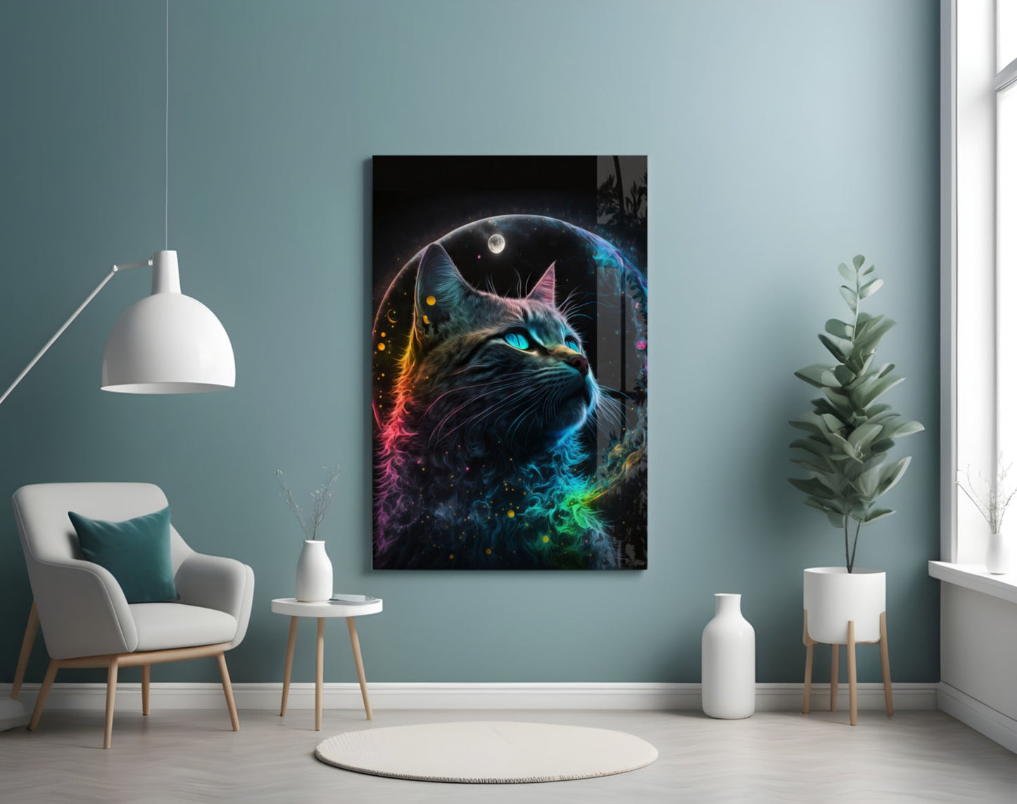 Rainbow Neon Fur Cat Moon Portrait Glass Wall Art