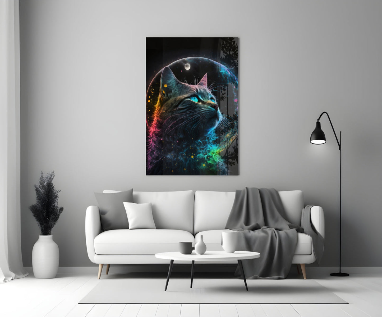 Rainbow Neon Fur Cat Moon Portrait Glass Wall Art