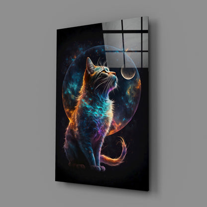Nebula Fur Cat With Crescent Moon Glass Wall Art