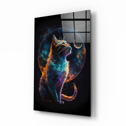 Nebula Fur Cat With Crescent Moon Glass Wall Art