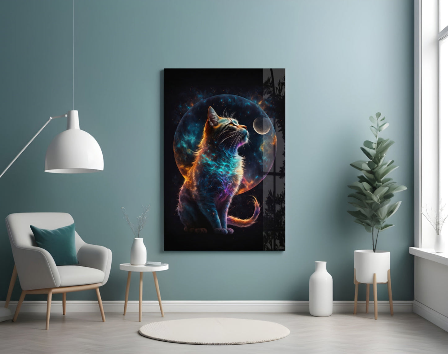 Nebula Fur Cat With Crescent Moon Glass Wall Art
