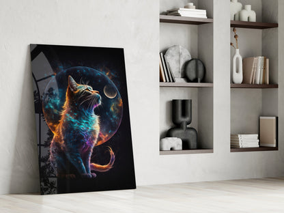Nebula Fur Cat With Crescent Moon Glass Wall Art