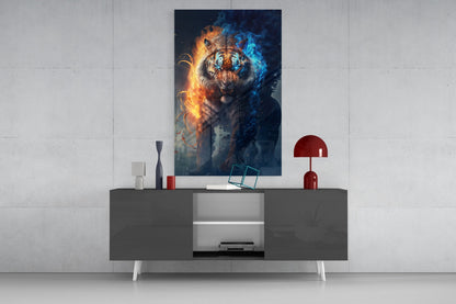 Modern living room display featuring a tiger artwork with orange flames on left side and blue flames on right, mounted above a dark gray media console with red decorative lamp.