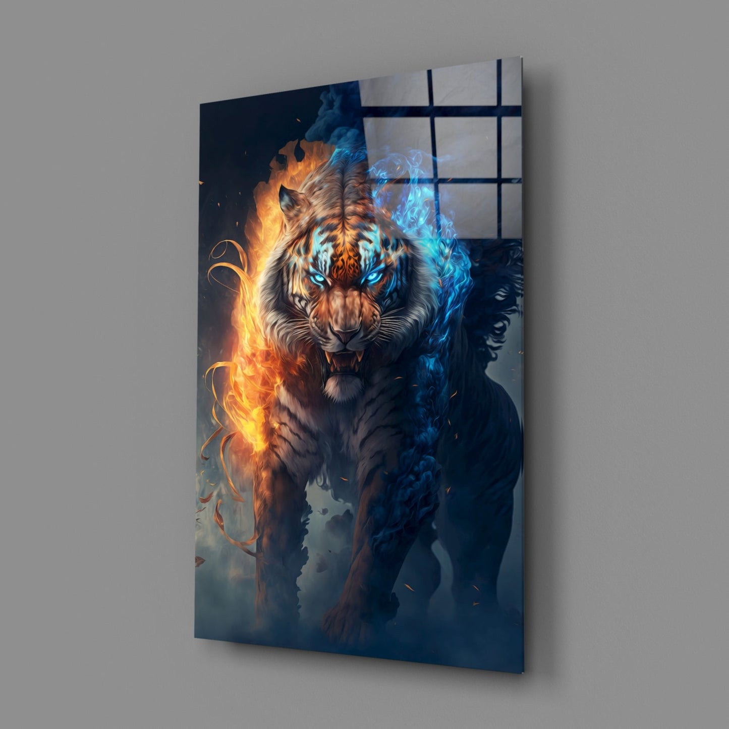 Angled view of glass wall art displaying a fierce tiger with glowing blue eyes, surrounded by orange flames on left and blue ethereal effects on right.