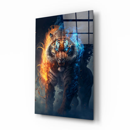 A tiger's face with glowing blue eyes surrounded by orange flames on one side and blue smoke on the other, printed on a glass panel with a grid pattern overlay.