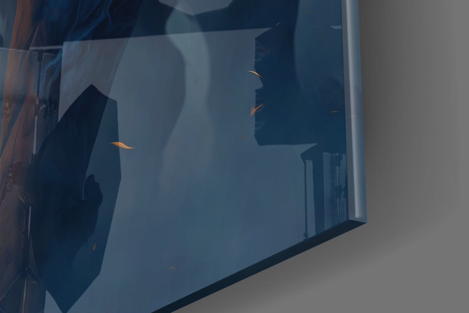 Close-up view of glass wall art showing blue silhouettes with orange accent details and architectural elements.