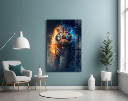 Glass wall art depicting a tiger with glowing orange flames on left side and blue ice effects on right side, displayed in modern room setting.