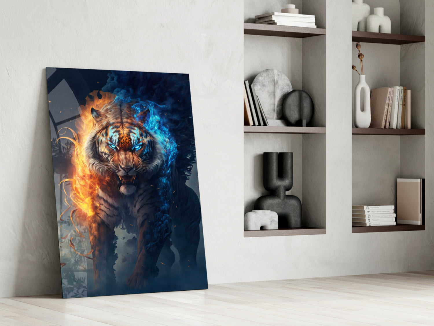 Glass wall art panel leaning against white wall displays tiger with glowing orange and blue flames, positioned in modern interior with shelving.