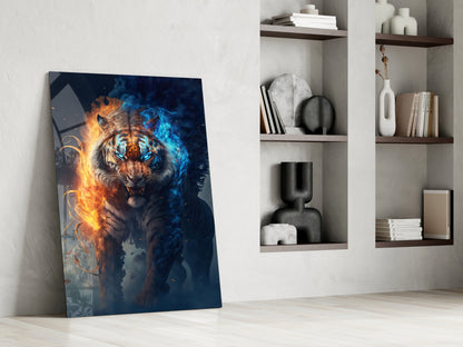Glass wall art panel leaning against white wall displays tiger with glowing orange and blue flames, positioned in modern interior with shelving.