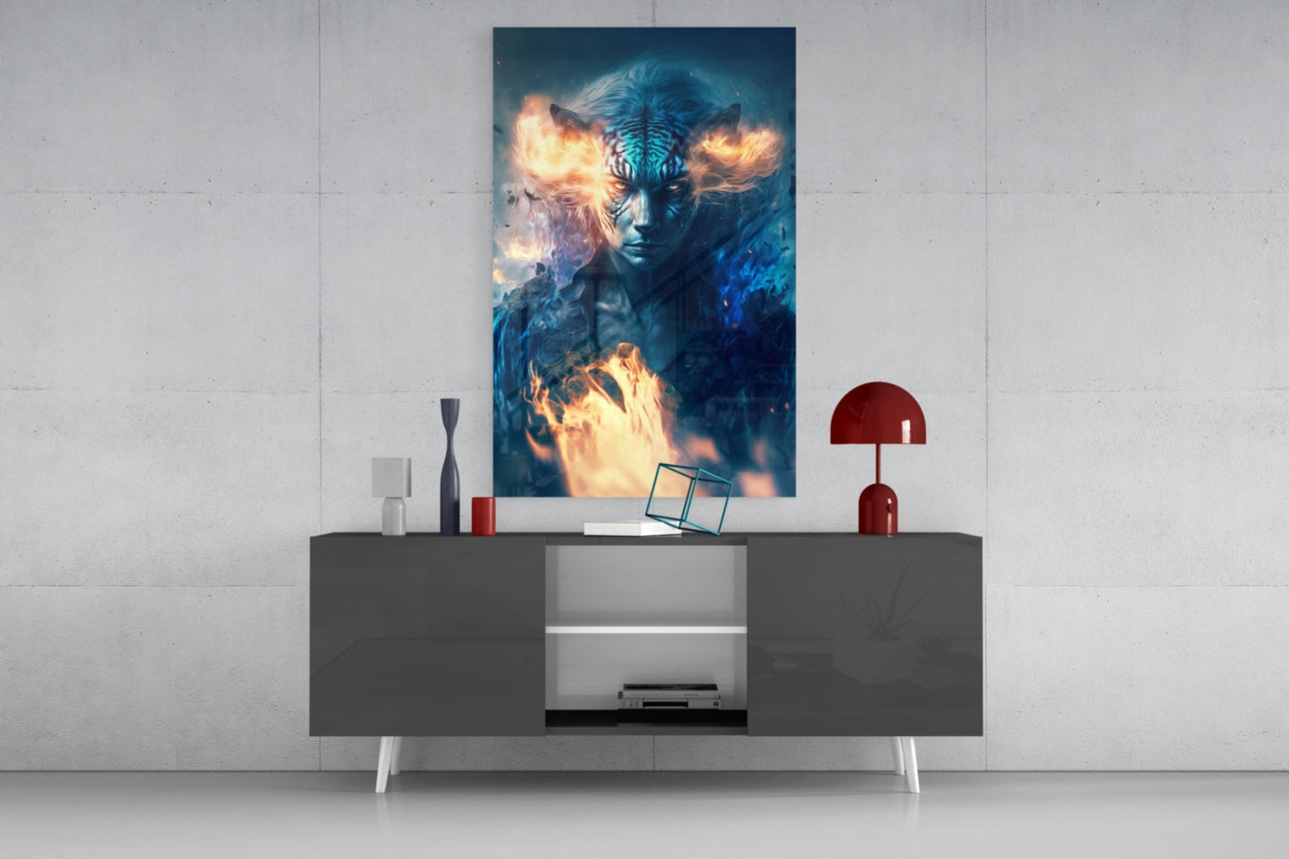 Epic Tiger Glass Wall Art displayed above a modern gray console table with red lamp and decorative accessories against a white wall.