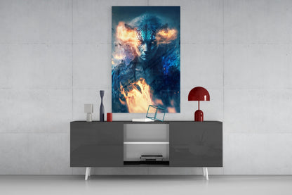 Epic Tiger Glass Wall Art displayed above a modern gray console table with red lamp and decorative accessories against a white wall.