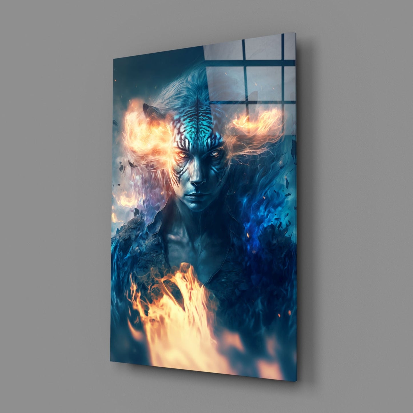 Angled view of glass wall art featuring a mystical blue tiger face with glowing orange fire effects and window grid pattern overlay.