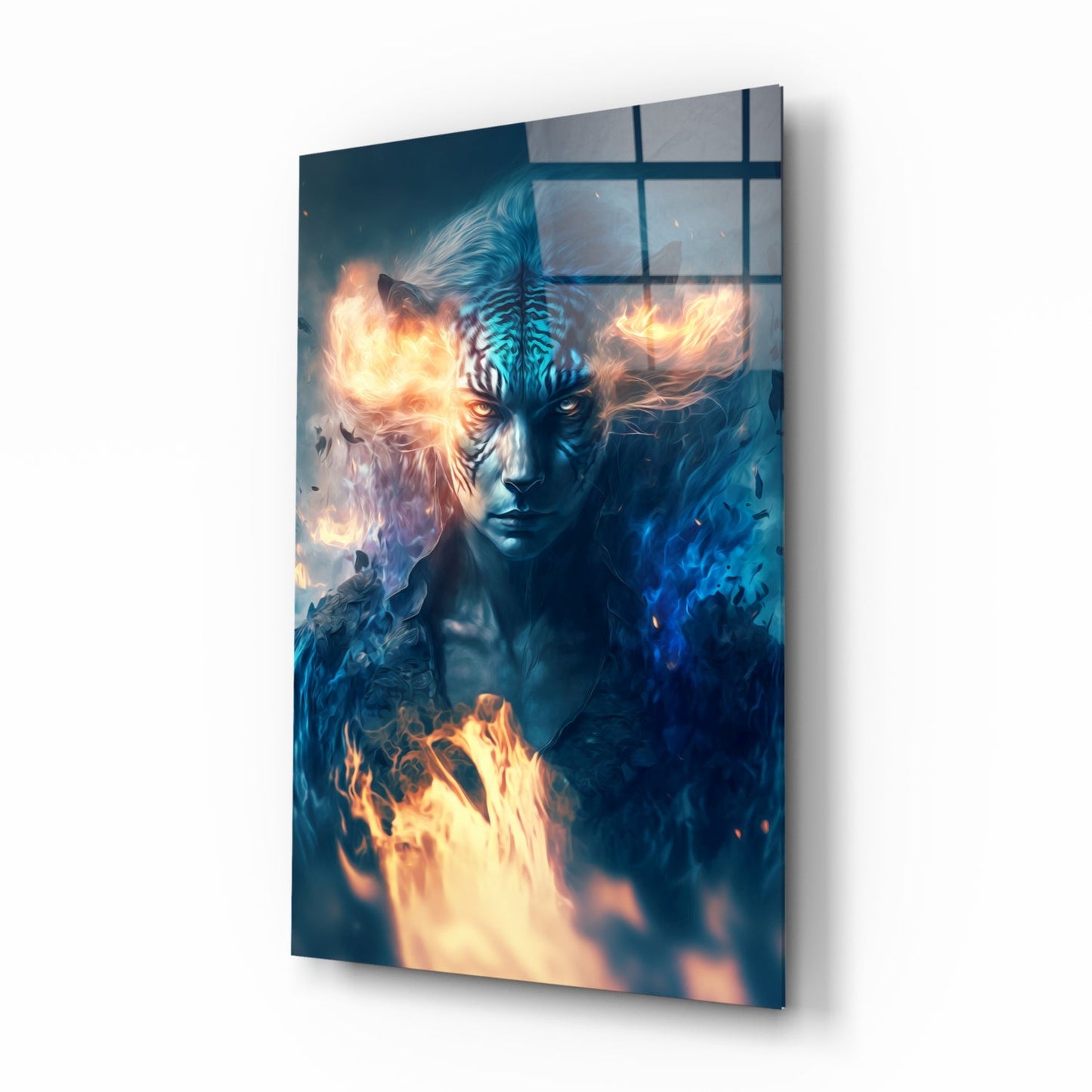 Angled view of glass wall art displaying a blue-faced figure with glowing orange fire effects and window grid pattern overlay.