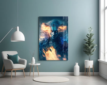 Epic Tiger Glass Wall Art mounted on teal wall above white chair in minimalist interior setting with pendant lamp and potted plant.