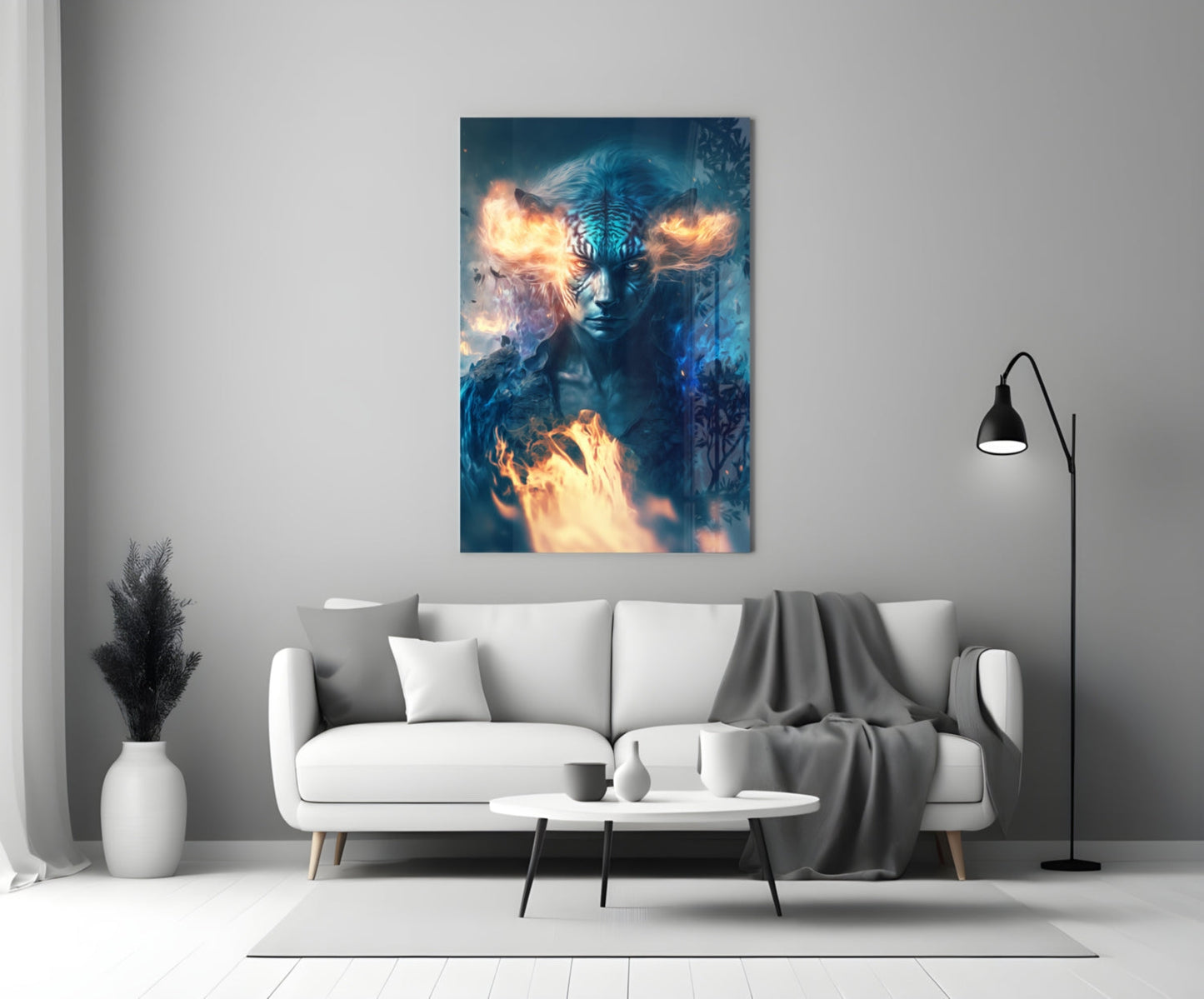 Epic Tiger Glass Wall Art displayed above a white sofa in a minimalist living room setting with modern furnishings.