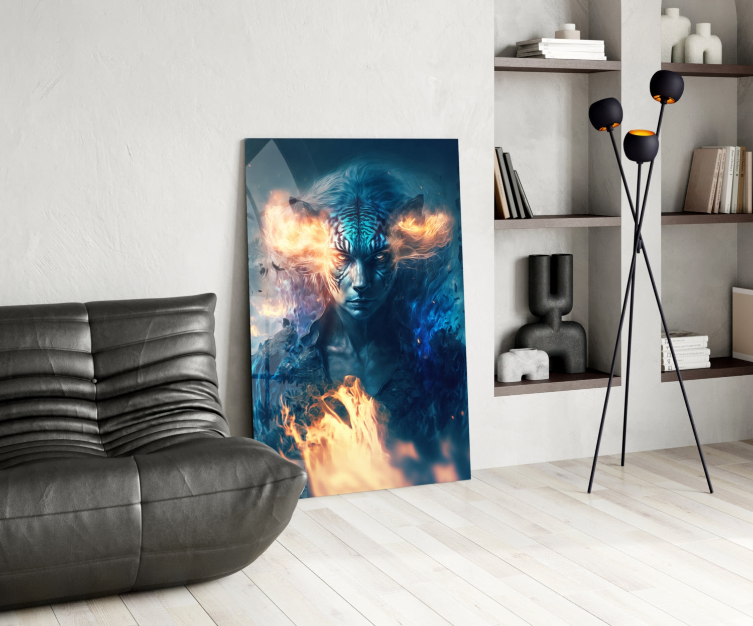 Epic Tiger Glass Wall Art displayed in modern living room leaning against white wall beside gray leather sofa.