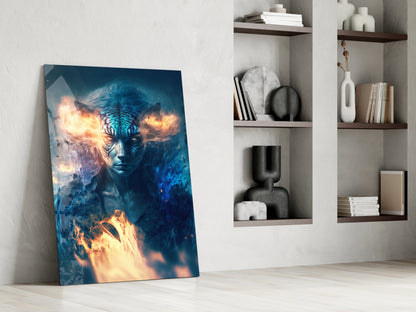 Epic Tiger Glass Wall Art leaning against white wall beside shelving unit, displaying blue tiger face with orange fire effects.