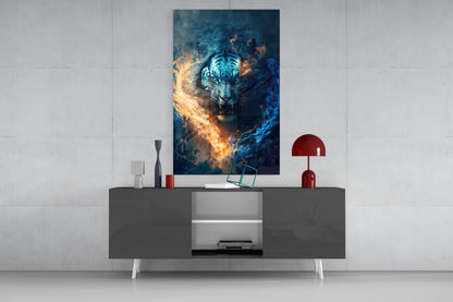 Modern living room display featuring a fierce blue tiger surrounded by orange and blue flames on glass wall art mounted above a dark console table with red accents.