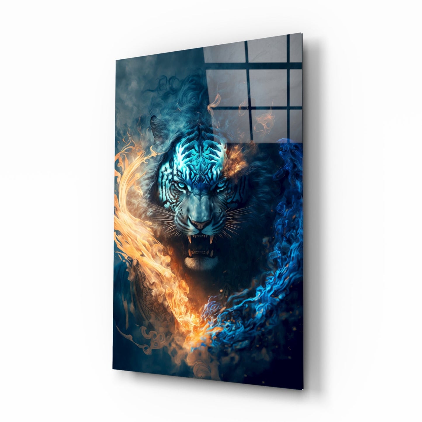 Angled view of glass wall art depicting a fierce tiger's face with glowing blue markings, surrounded by swirling orange flames and blue smoke against dark background.