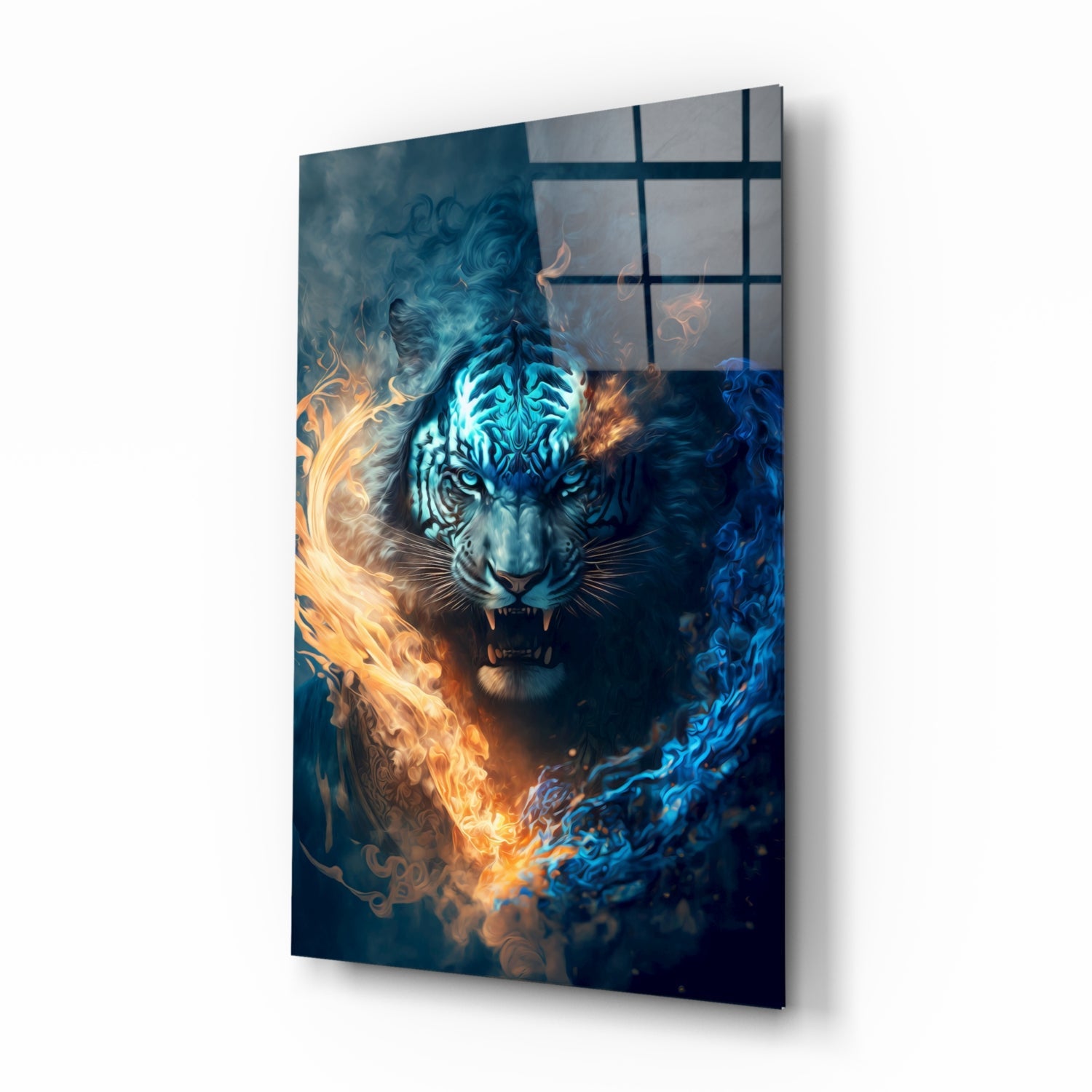 Angled view of glass wall art depicting a fierce tiger's face with glowing blue markings, surrounded by swirling orange flames and blue smoke against dark background.