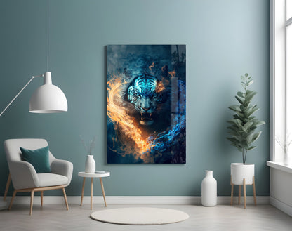 Flaming Anger Glass Wall Art displayed on turquoise wall above white chair, showing blue tiger with orange and gold fire effects.