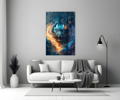 Flaming Anger Glass Wall Art displayed above a white sofa in a modern living room, showing a tiger with glowing blue eyes surrounded by orange flames and blue swirls.