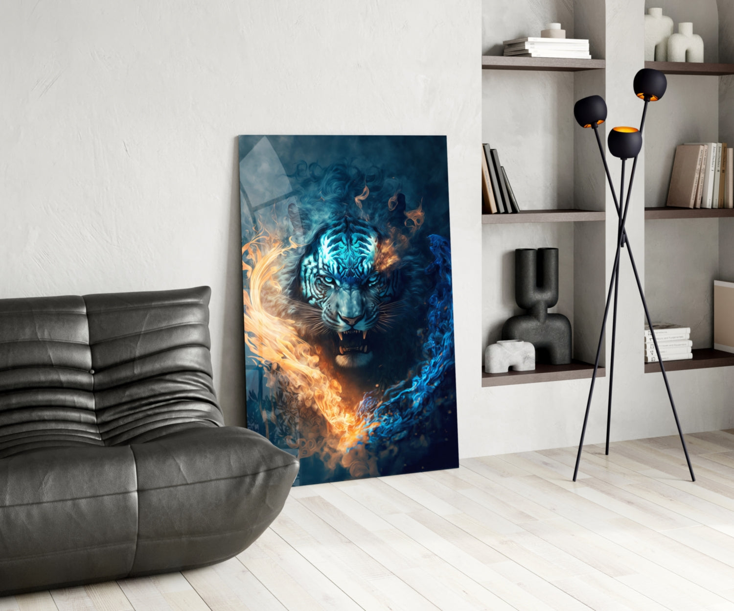 Glass wall art featuring a tiger's face surrounded by blue and orange fire effects, displayed in a modern living room next to a gray sofa.