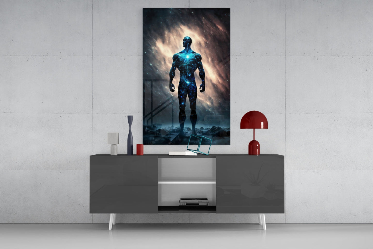 Nebula Cosmic Man On Rocky Ground Glass Wall Art