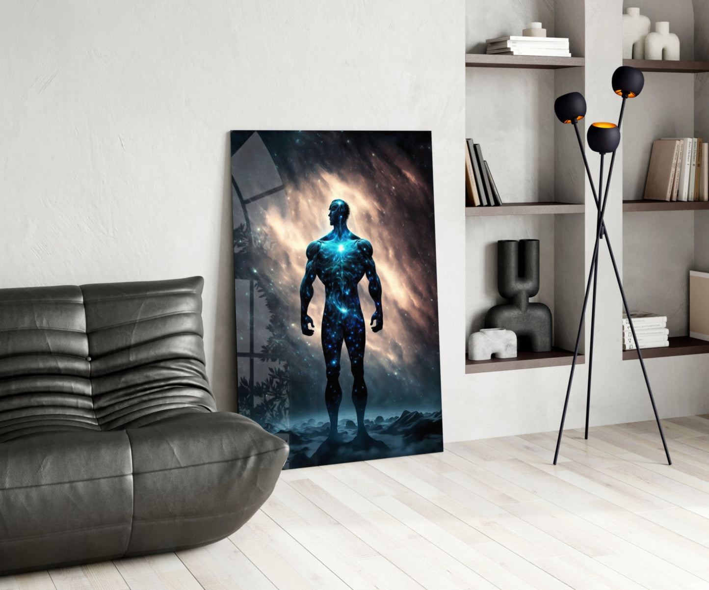 Nebula Cosmic Man On Rocky Ground Glass Wall Art
