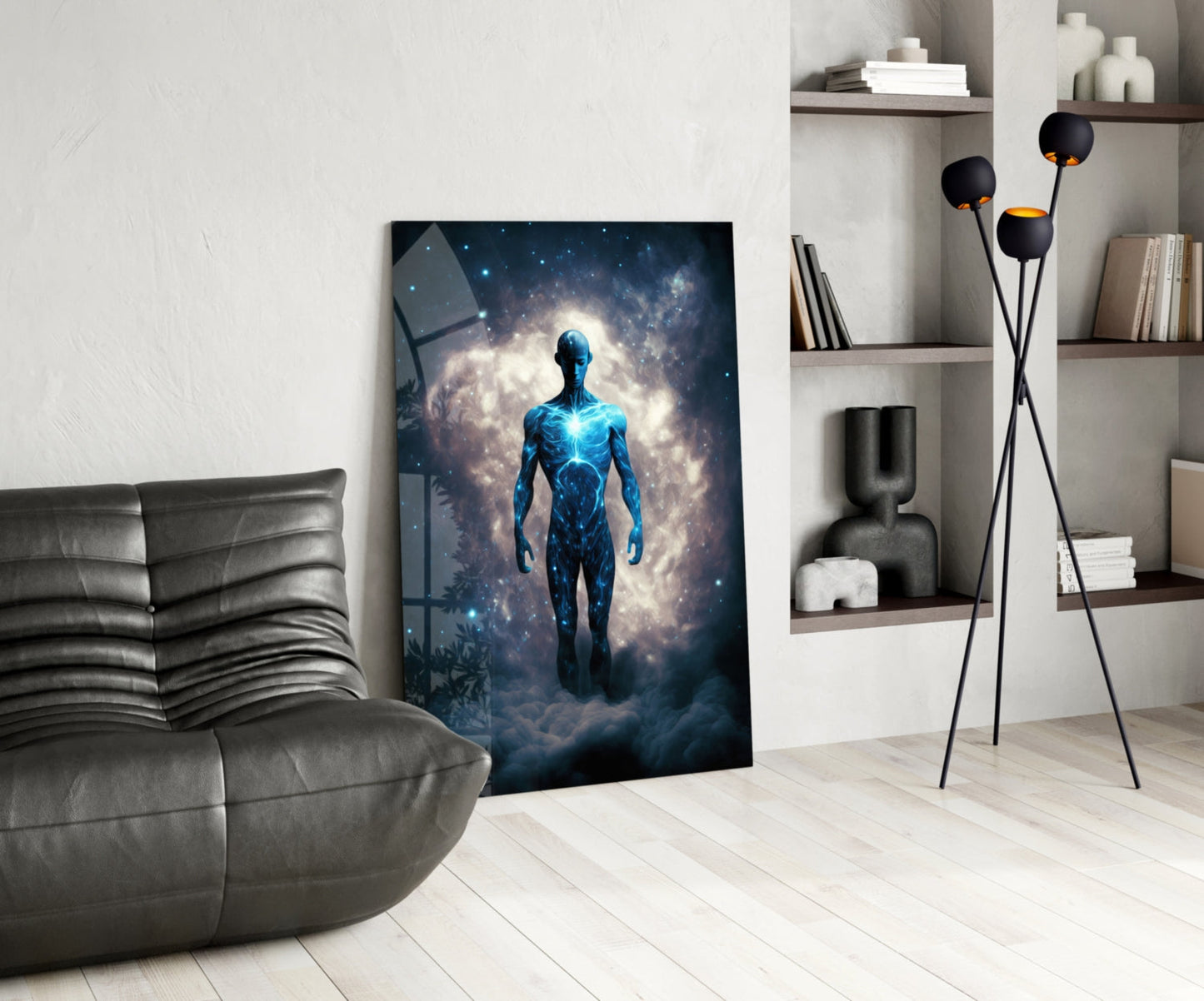 Starlit Figure Rising Over Clouds Glass Wall Art