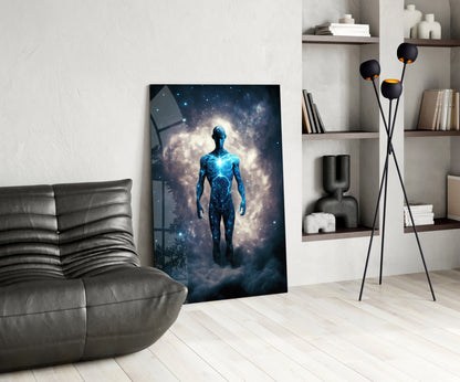 Starlit Figure Rising Over Clouds Glass Wall Art