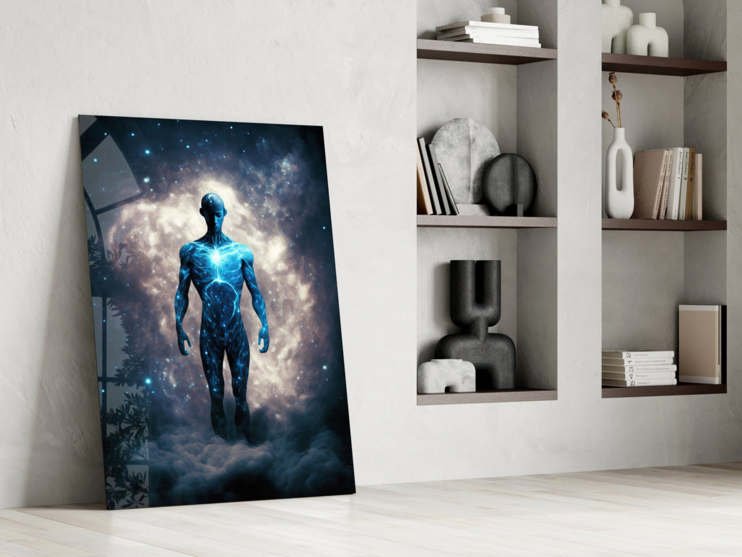Starlit Figure Rising Over Clouds Glass Wall Art