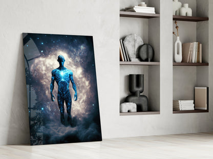 Starlit Figure Rising Over Clouds Glass Wall Art