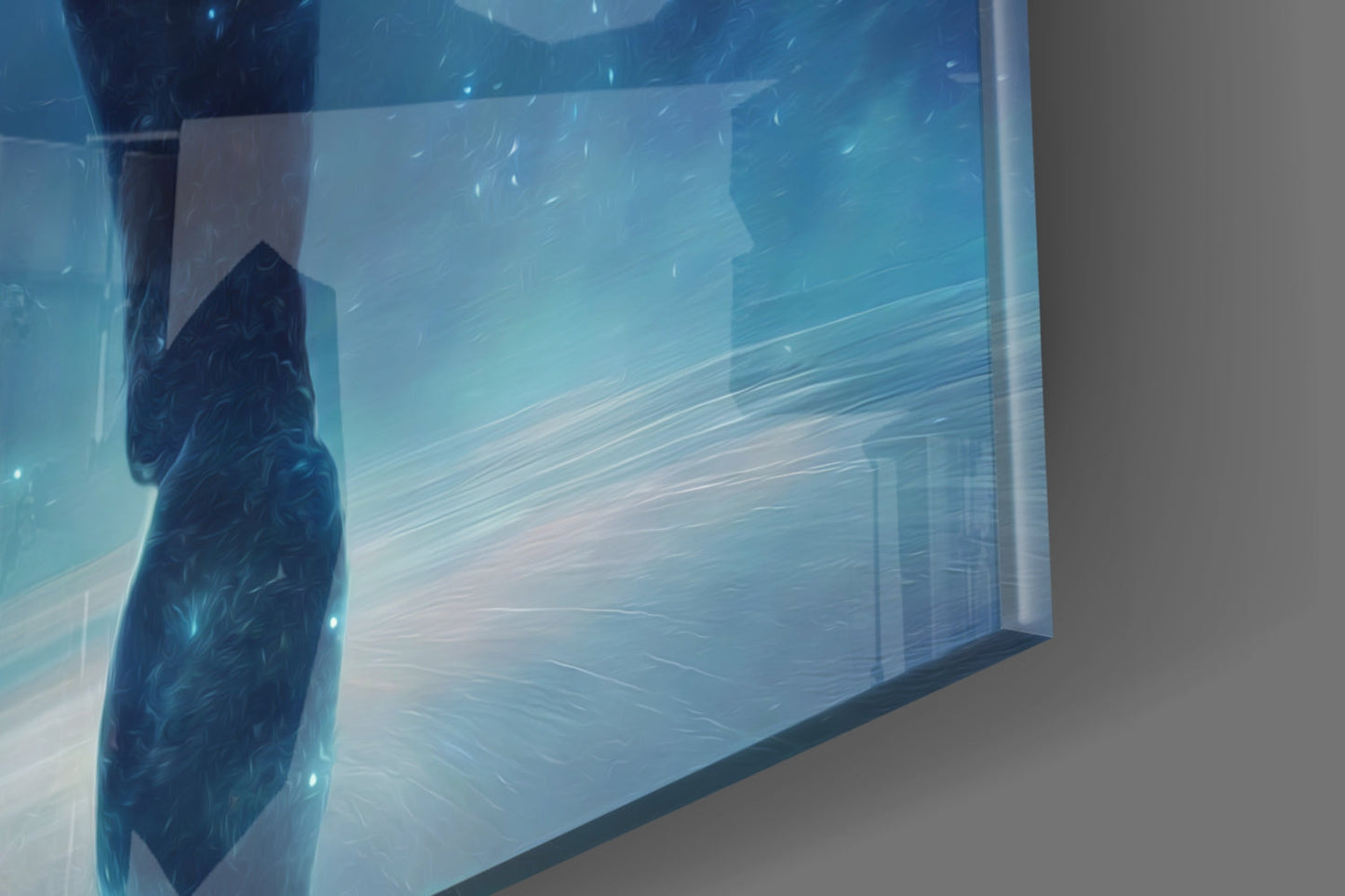 Glowing Blue Cosmic Man Standing Glass Wall Art