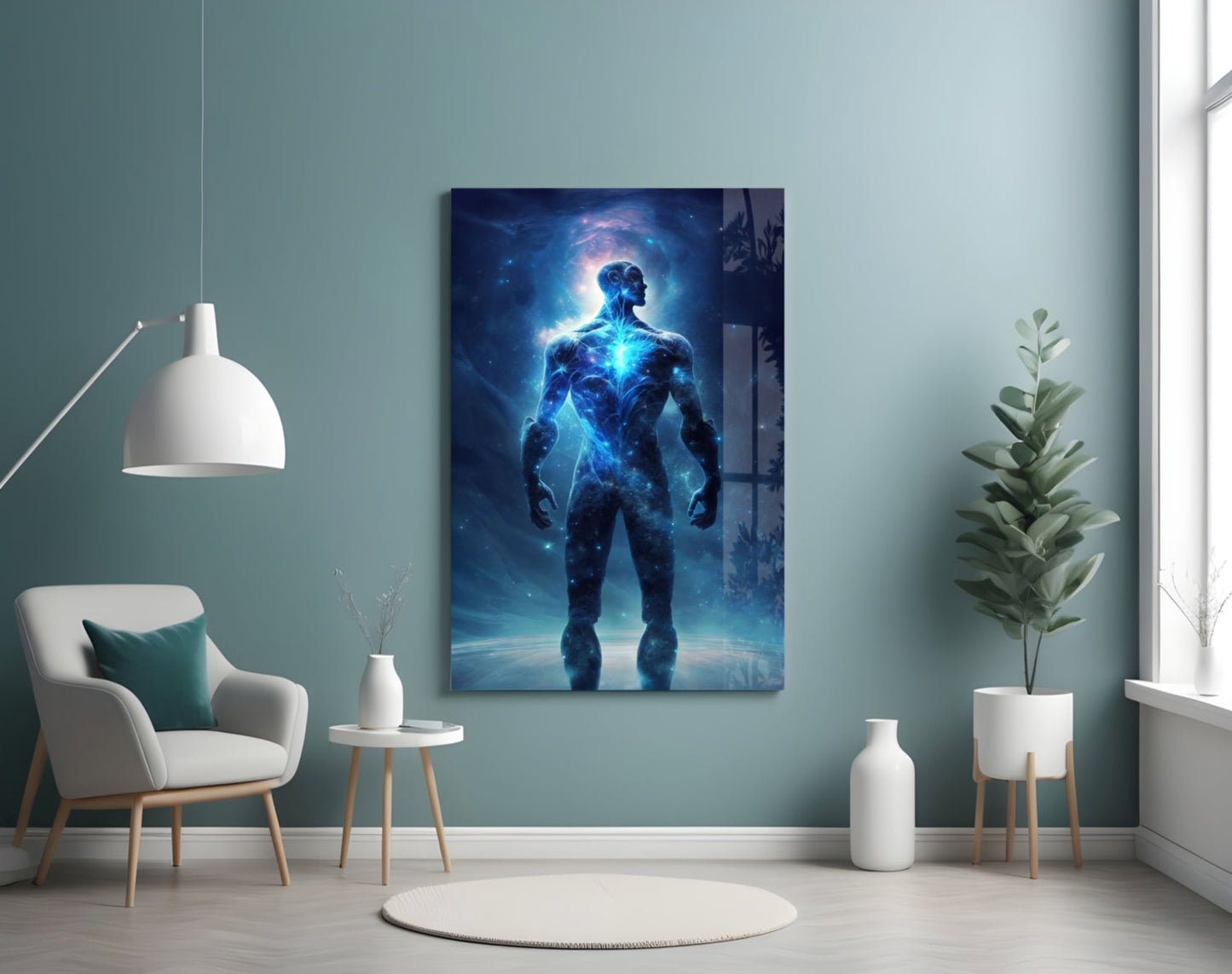 Glowing Blue Cosmic Man Standing Glass Wall Art