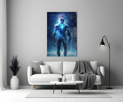 Glowing Blue Cosmic Man Standing Glass Wall Art