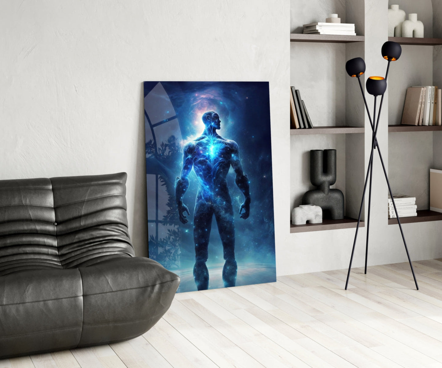 Glowing Blue Cosmic Man Standing Glass Wall Art